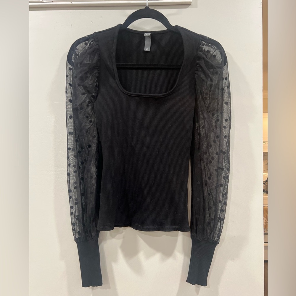 Alya dressy sweater top with square neck and mesh puff sleeves - Francesca’s